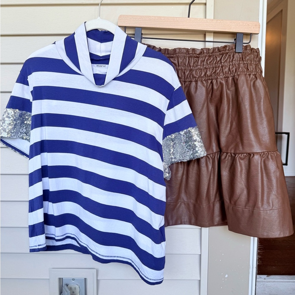 Maeve, Cropped, Blue and White Striped Tee with Silver Sequins!
